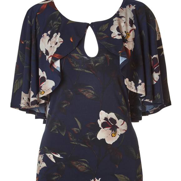 Navy Floral Print Capelet Keyhole Top - Picture 1 of 2